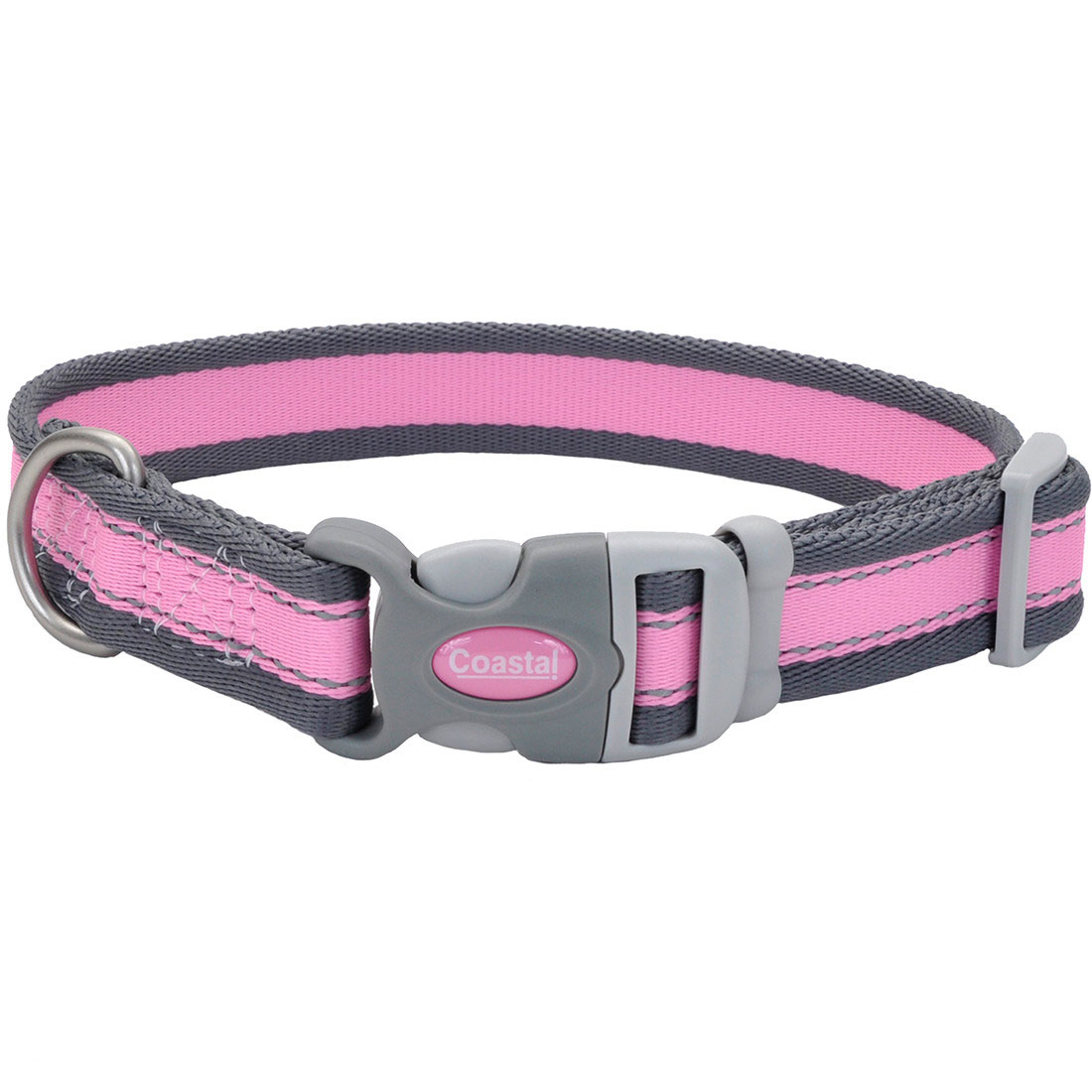 Pro Reflective Adjustable Dog Collar, Bright Pink with Grey, 1-inx18-26-in