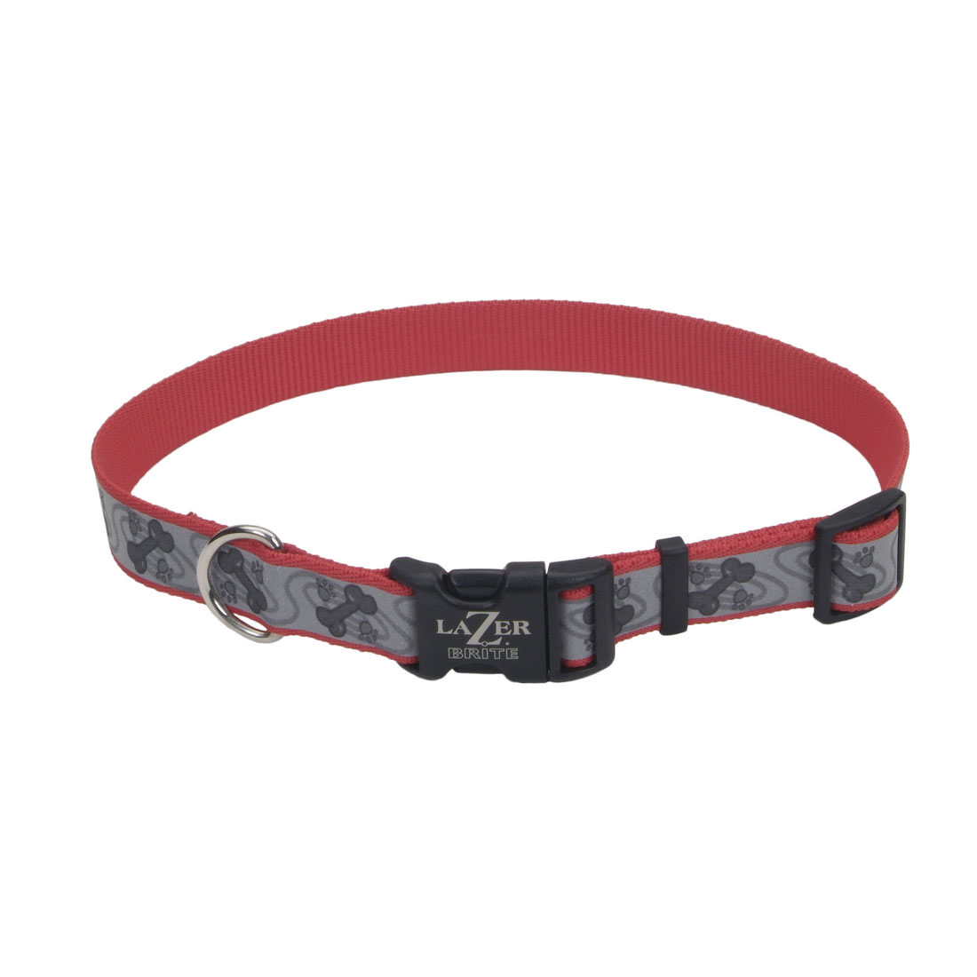 Lazer Brite Reflective Adjustable Dog Collar, Red Paws and Bones, 1-in x 18-26-in