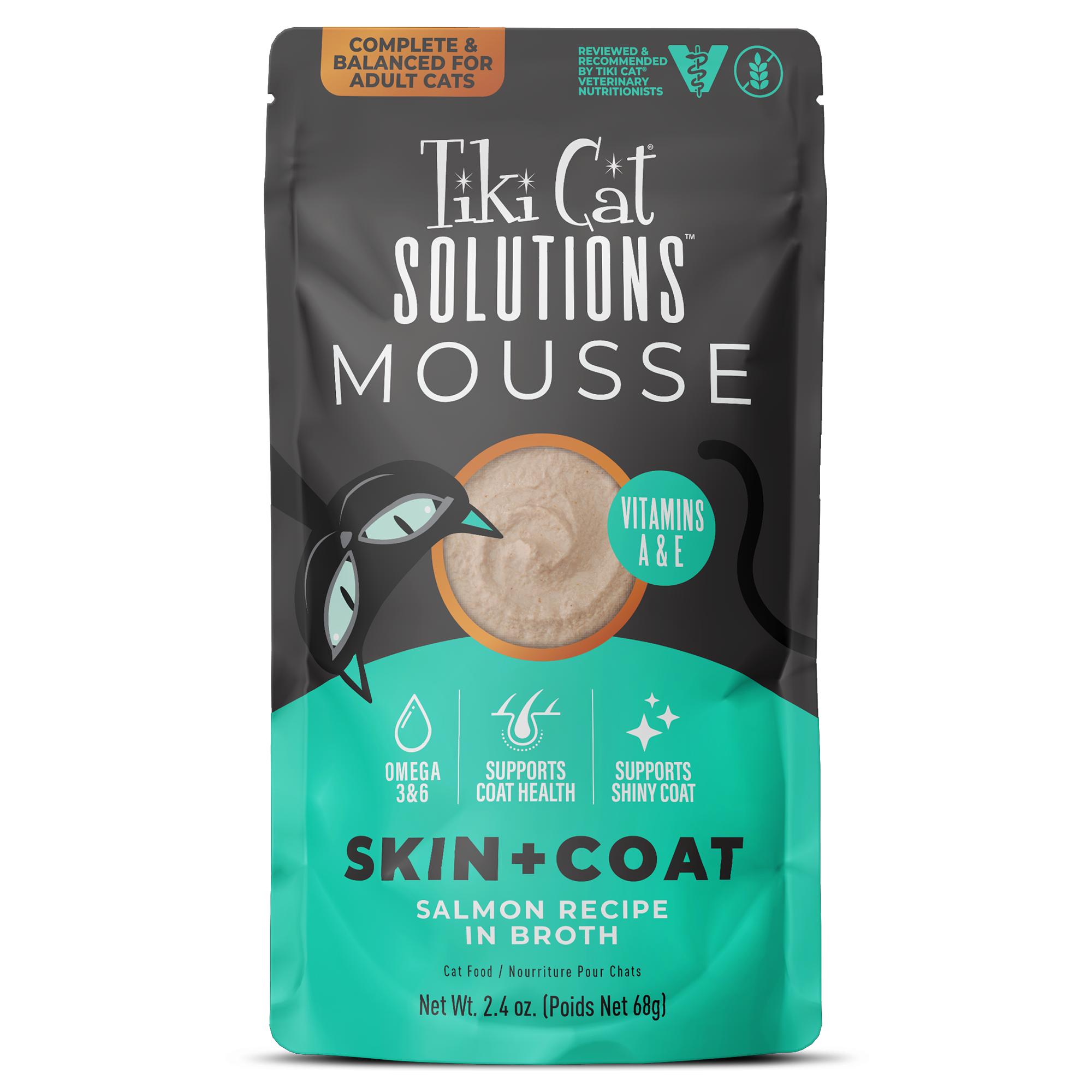 Tiki Cat Solutions Skin + Coat Mousse Salmon in Broth Wet Cat Food Pouch, 2.4-oz, case of 12 (**)