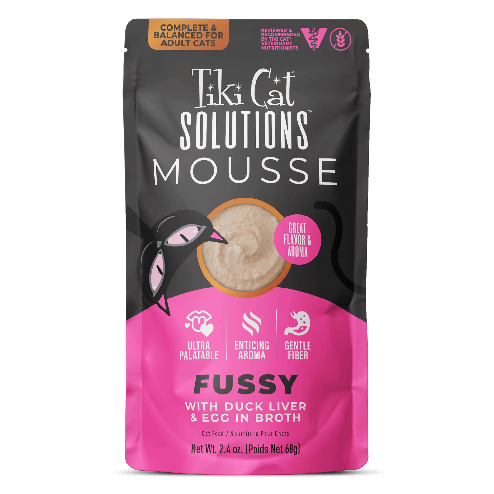 Tiki Cat Solutions Fussy Mousse with Duck Liver & Egg in Broth Wet Cat Food Pouch, 2.4-oz, case of 12 (**)