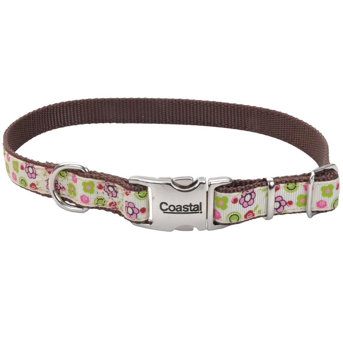 Ribbon Adjustable Dog Collar with Metal Buckle, Floral Rose, 5/8-in x 8-12-in