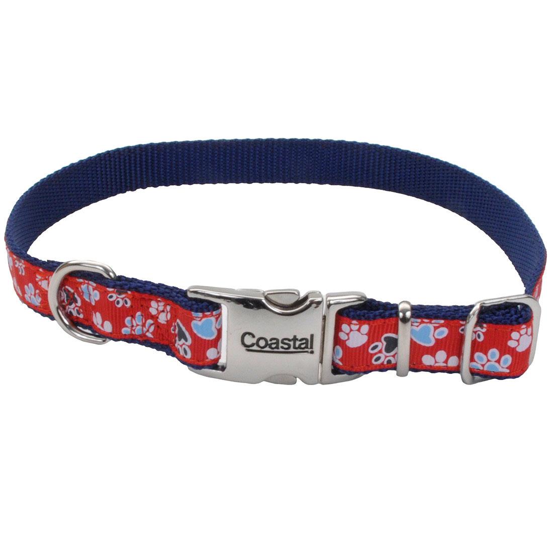 Ribbon Adjustable Dog Collar with Metal Buckle, Red with Paws, 5/8-in x 12-18-in
