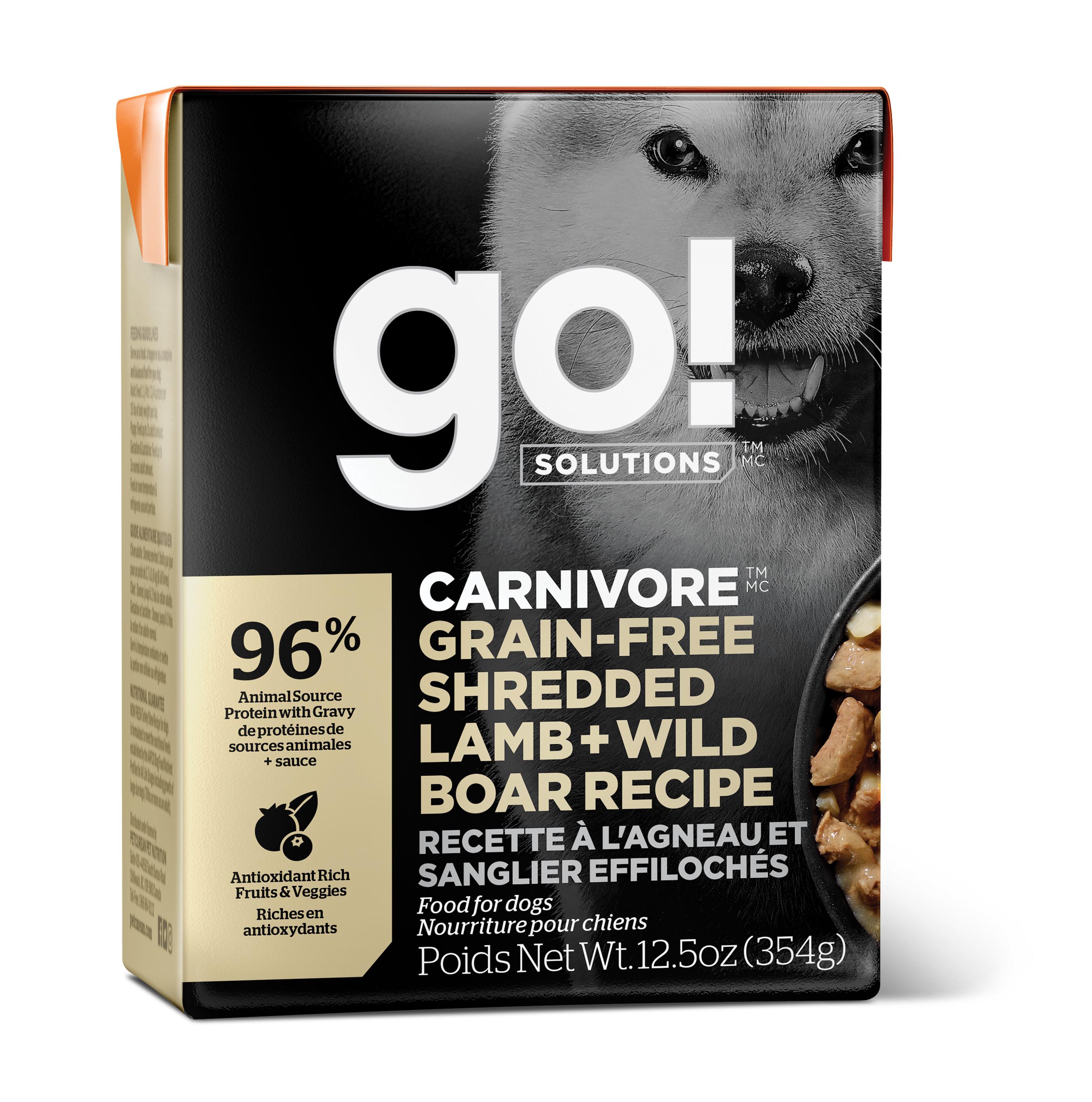 Go! Solutions Carnivore Shredded Lamb + Wild Boar Grain-Free Wet Dog Food, 12.5-oz, case of 12 (**)