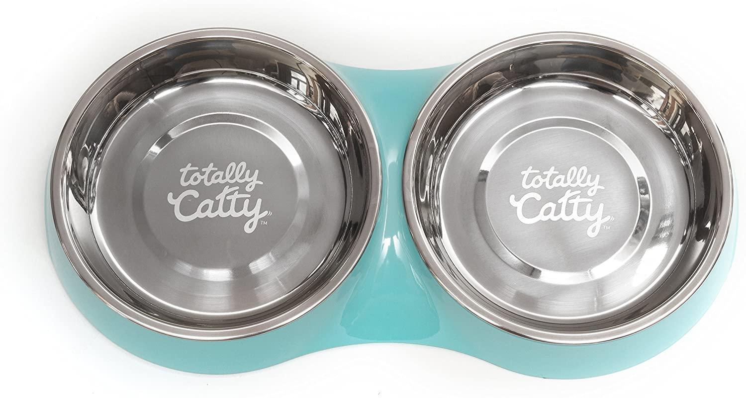 Messy Mutts Totally Catty Double Diner Saucer Stainless Steel Cat Bowl, Teal (**)