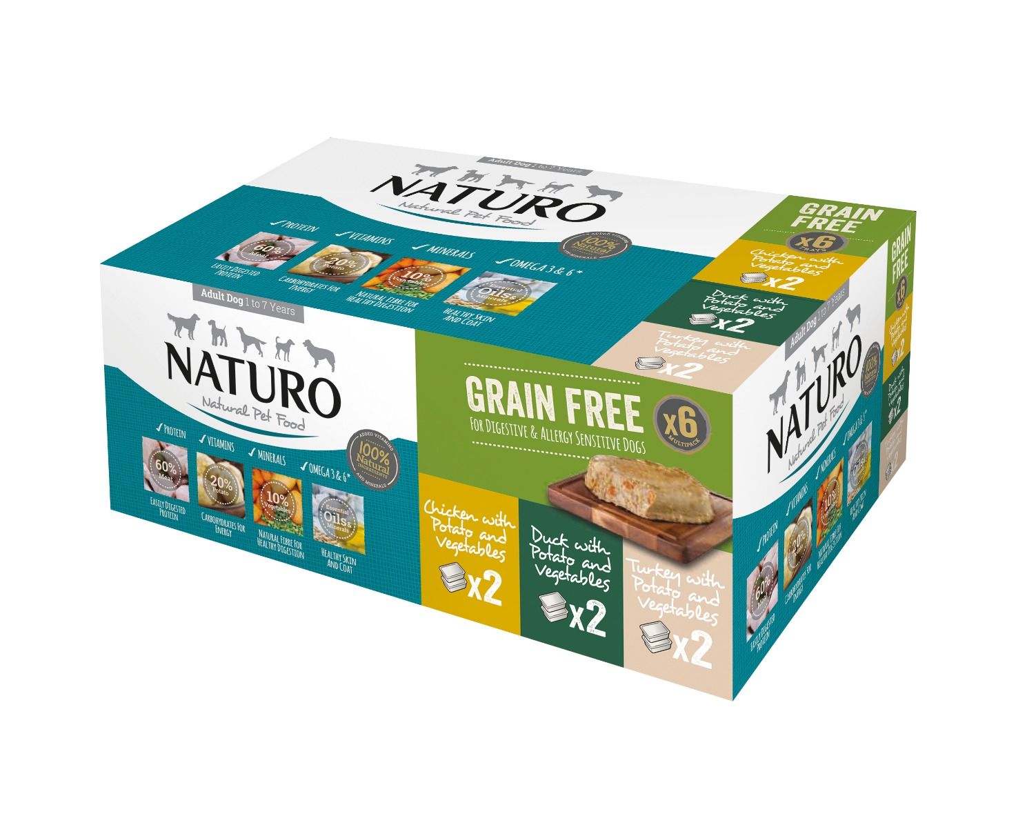Naturo Adult Dog Grain Free pack Variety Trays, 400-g, 6-pack
