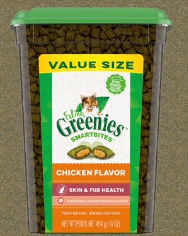 Feline Greenies Smartbites Skin & Fur Chicken Cat Treats, 16-oz