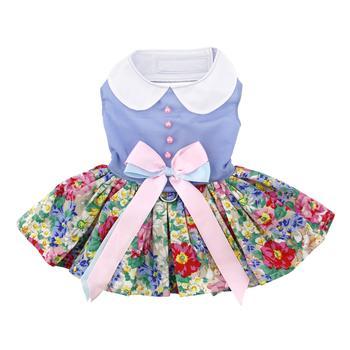 Doggie Design Dog Harness Dress with Matching Leash, Blue/White Pastel Pearls Floral, Medium