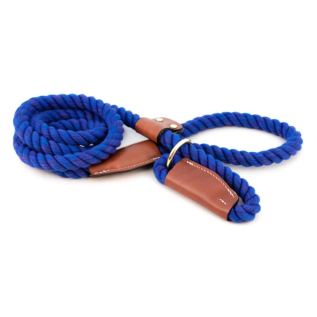 Auburn Leathercrafters Cotton Rope Slip Leash with Leather Accents for Dogs, Nautical Blue, 1/2-in x 6-ft