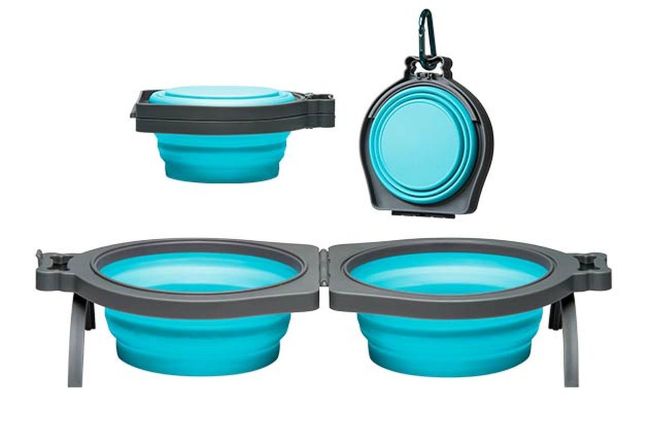 Loving Pets Bella Roma Double Diner Collapsible Dog Travel Bowl, Blue, Medium