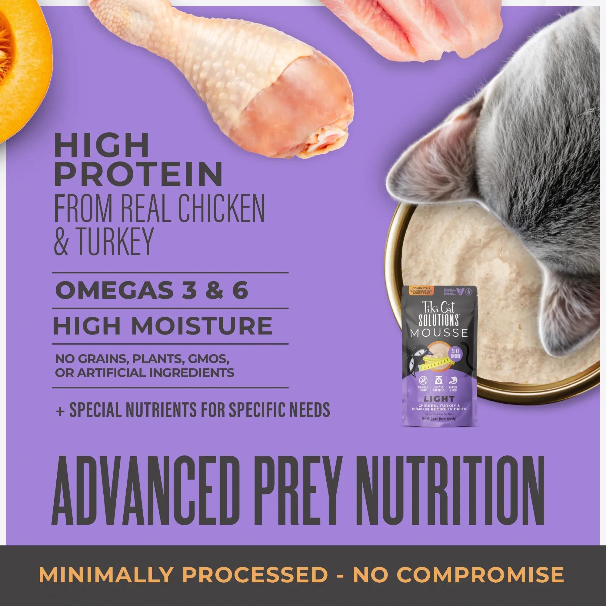 Tiki Cat Solutions Light Mousse Chicken, Turkey & Pumpkin in Broth Wet Cat Food Pouch, 2.4-oz