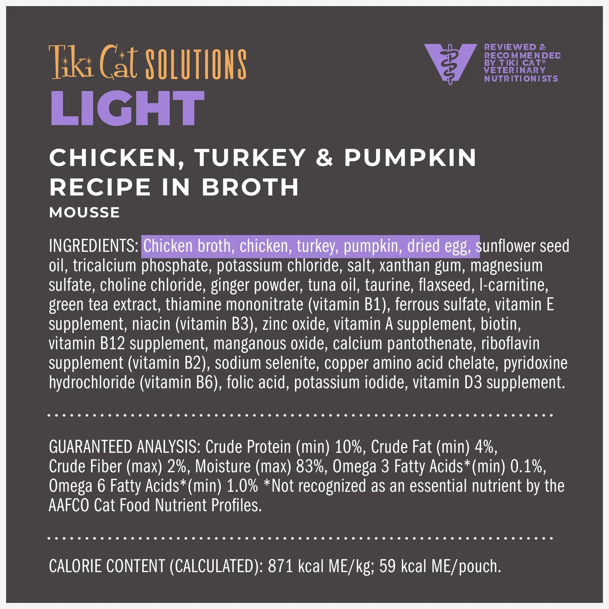 Tiki Cat Solutions Light Mousse Chicken, Turkey & Pumpkin in Broth Wet Cat Food Pouch, 2.4-oz
