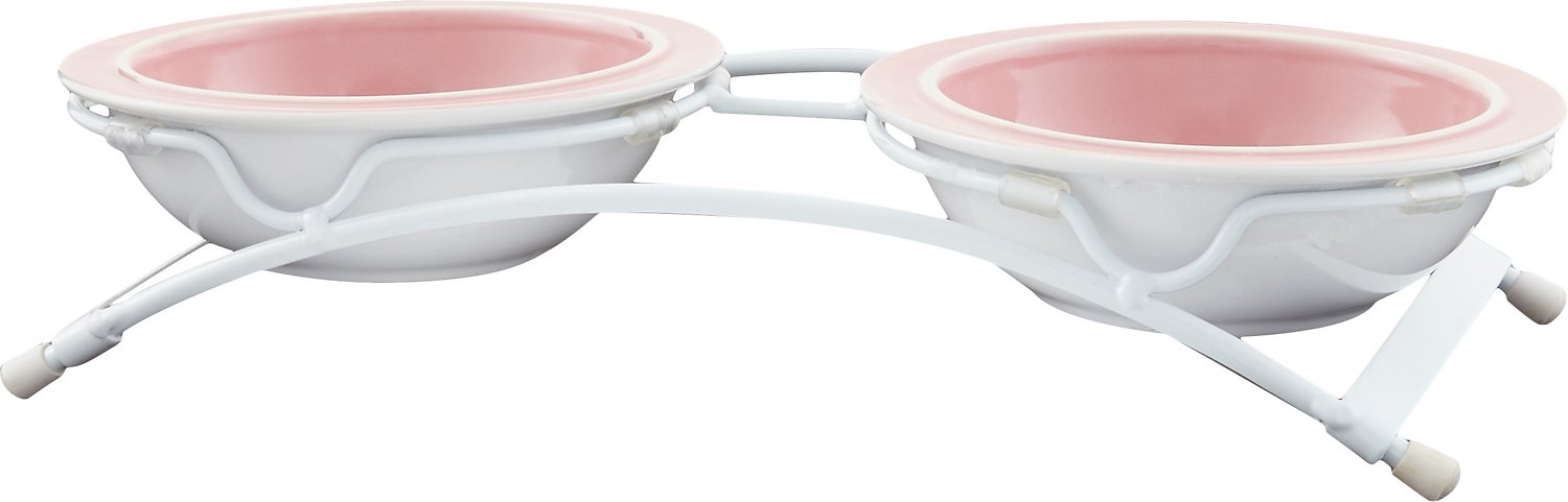 PetRageous Designs Toftee's Paws Double Diner Elevated Pet Bowls, Dusty Pink