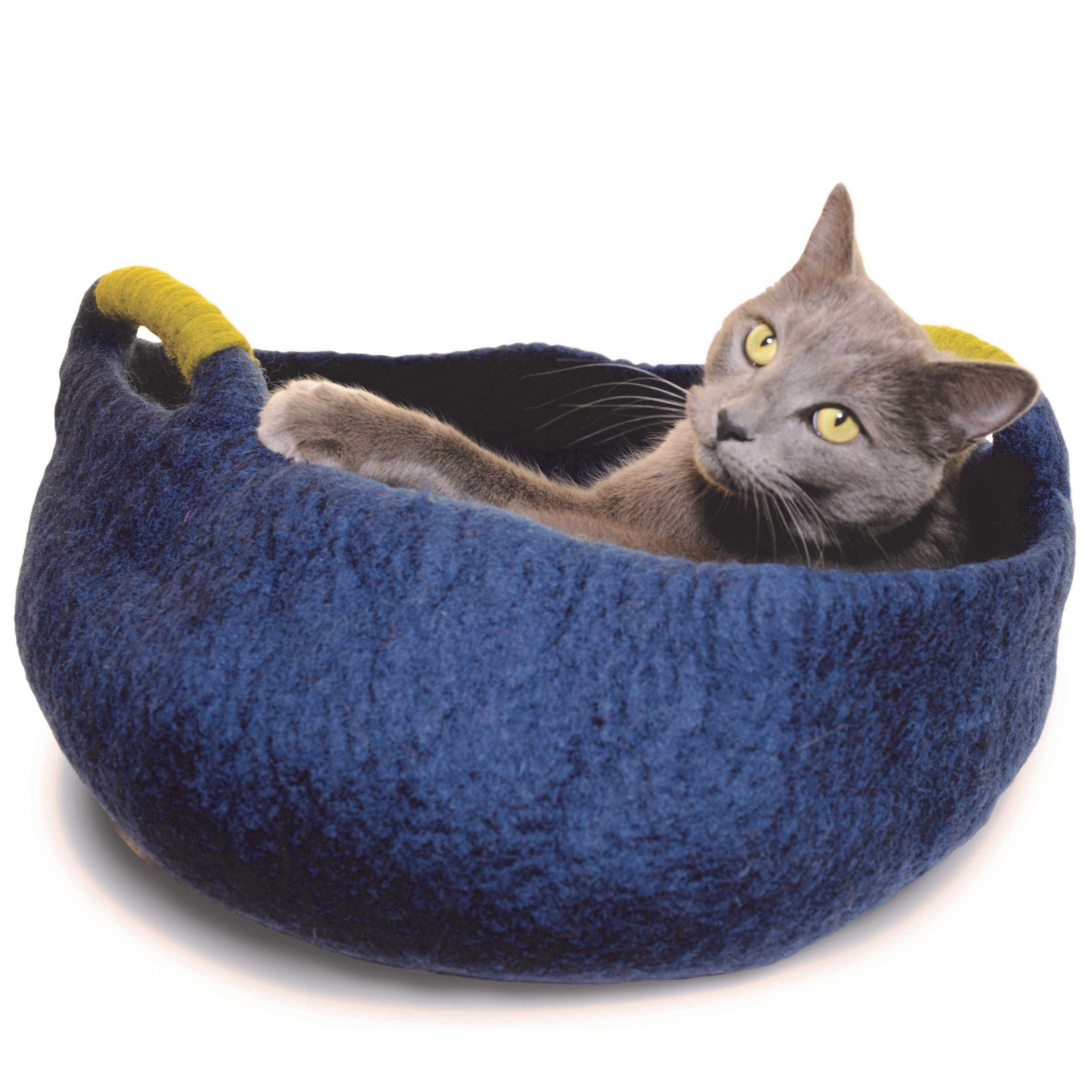 Dharma Dog Karma Cat Handle Wool Basket Pet Bed, Navy, 14-in
