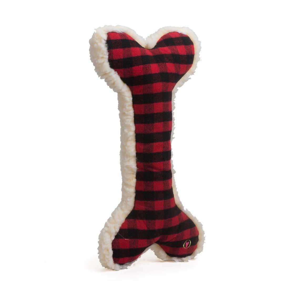 HuggleHounds Fireside Collection Buffalo Plaid & HuggleFleece Bone with Invincible Squeaker Dog Toy