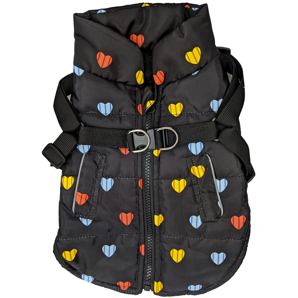 Ethical Fashion Pet Puffy Heart Harness Dog Coat, Black, Small