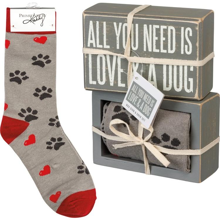 Primitive's by Kathy Box Sign & Sock Set, Love & A Dog
