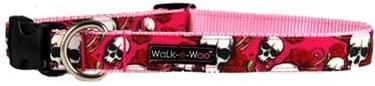 WaLk-e-Woo Dog Collar, Pink Skulls n' Roses, Small