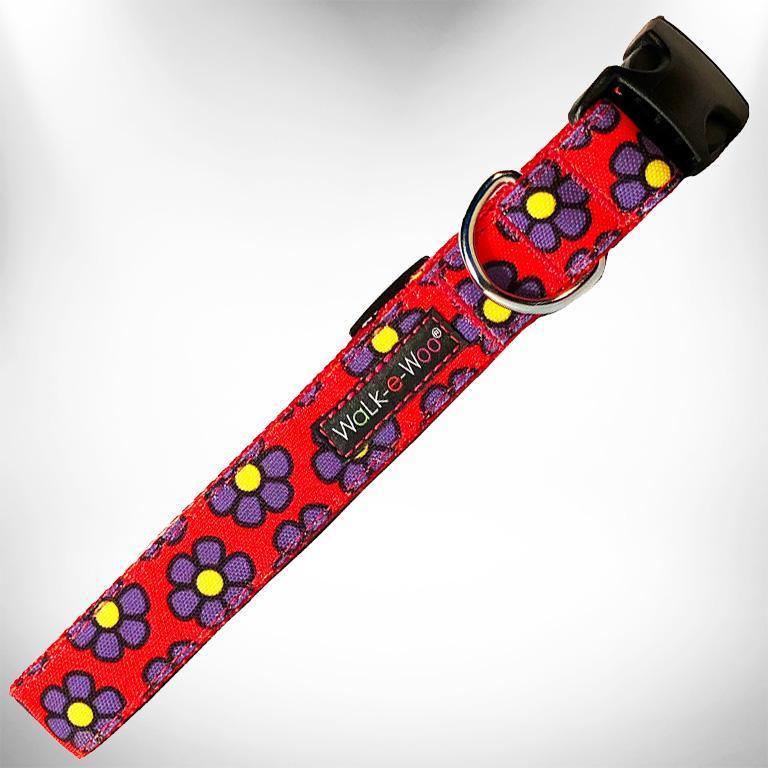 WaLk-e-Woo Dog Collar, Purple Daisies on Red, Medium