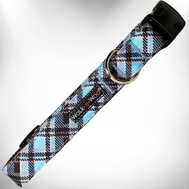 WaLk-e-Woo Dog Collar, Steel Blue Plaid, Small
