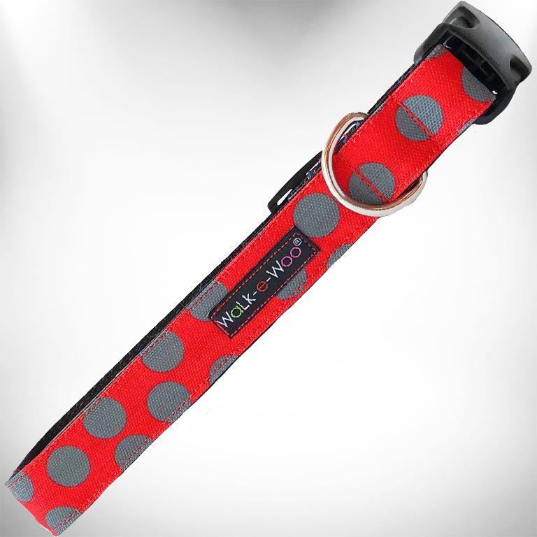 WaLk-e-Woo Dog Collar, Grey Dot on Red, Medium