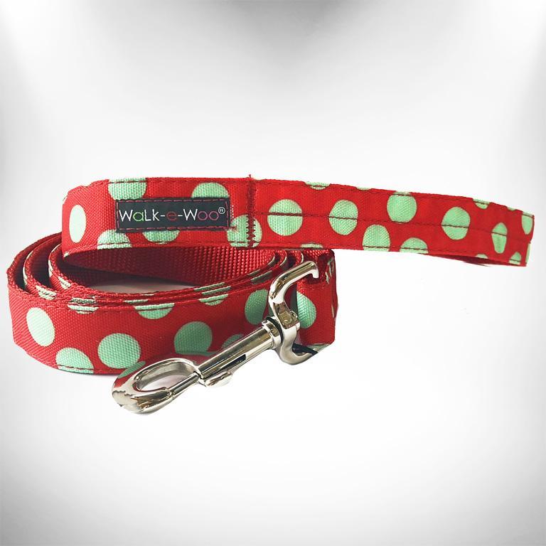 WaLk-e-Woo Dog Collar, Mint Green Dot on Red, Large