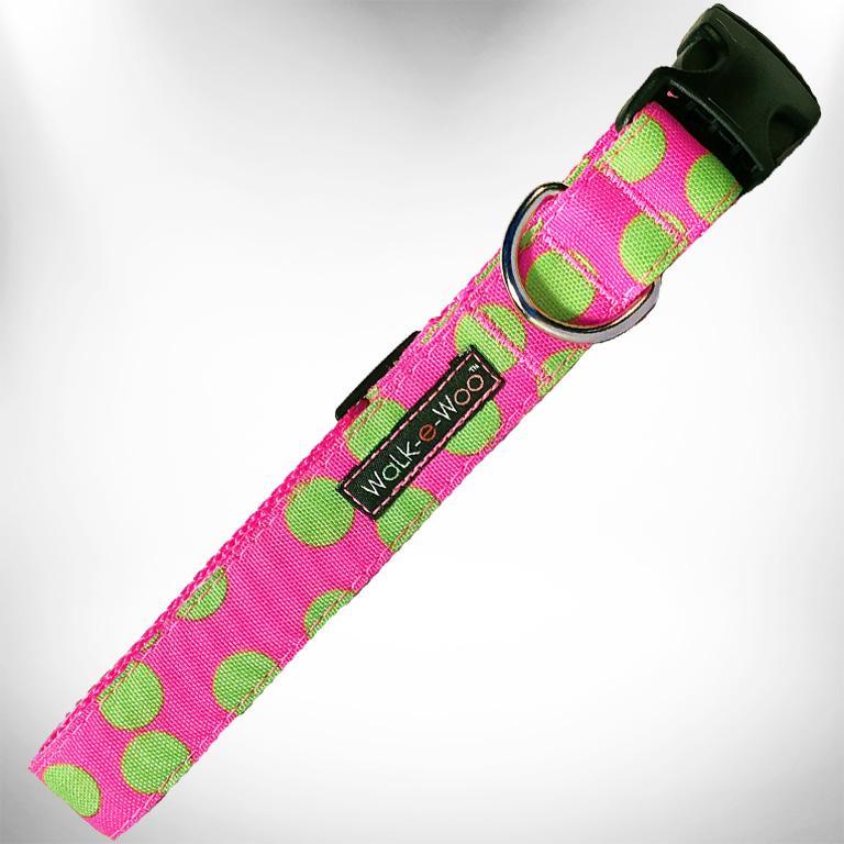 WaLk-e-Woo Dog Collar, Neon Green Dot on Pink, Large