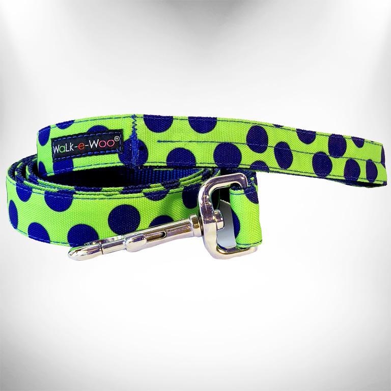 WaLk-e-Woo Dog Lead, Neon Blue Dots on Green, Thin