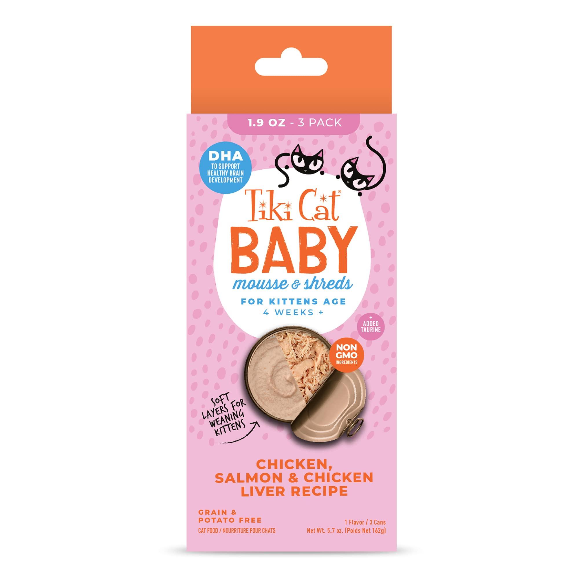 Tiki Cat Baby Mousse & Shreds Chicken, Salmon & Chicken Liver Kitten Wet Cat Food Can