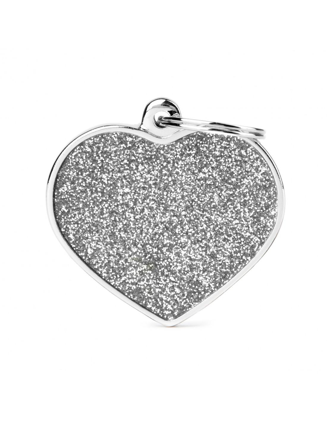 MyFamily Heart Glitter Pet ID Tag, Silver, Big