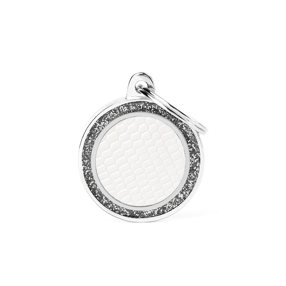 MyFamily Shine Leatherette Circle Saint Tropez Pet ID Tag, White, Medium