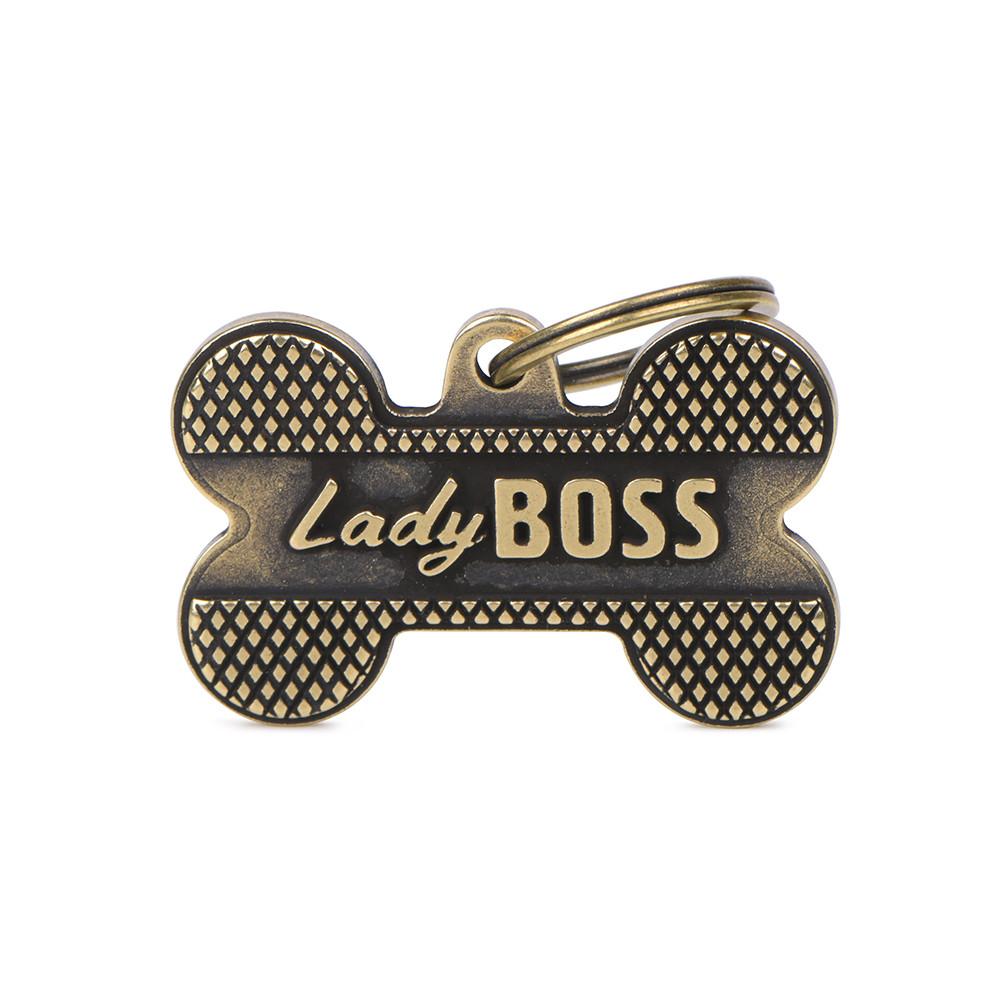 MyFamily Bronx Bone Lady Boss English Brass Pet ID Tag, Big