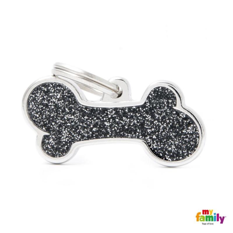 MyFamily Bone Glitter Pet ID Tag, Black, Big