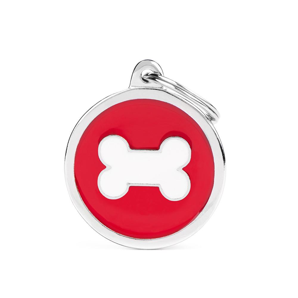 MyFamily Charms Circle Bone Pet ID Tag, Red/White, Big