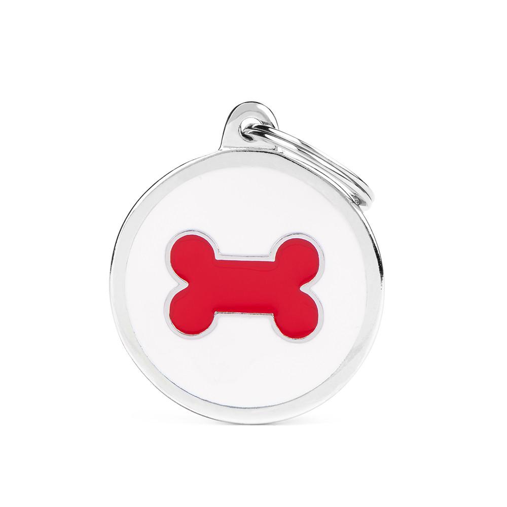MyFamily Charms Circle Bone Pet ID Tag, White/Red, Big