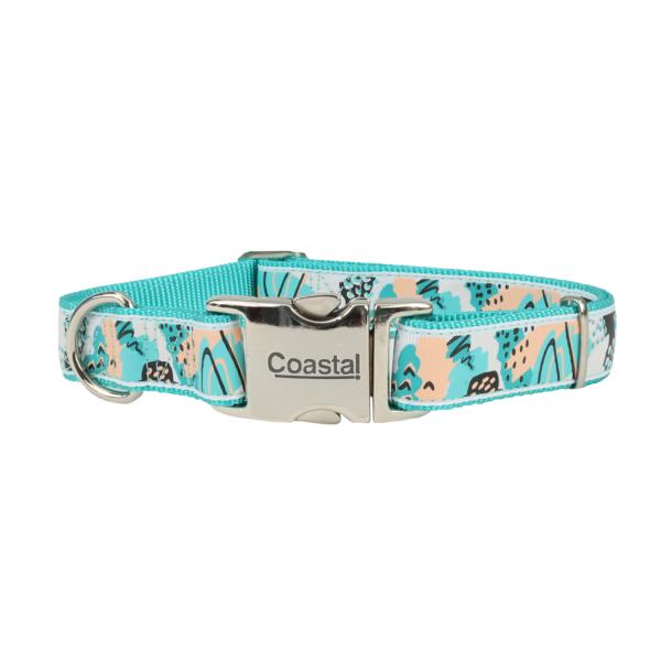 Ribbon Adjustable Collar with Metal Buckle for Dogs, Teal Sketched Abstract, 1-in x 18-26-in