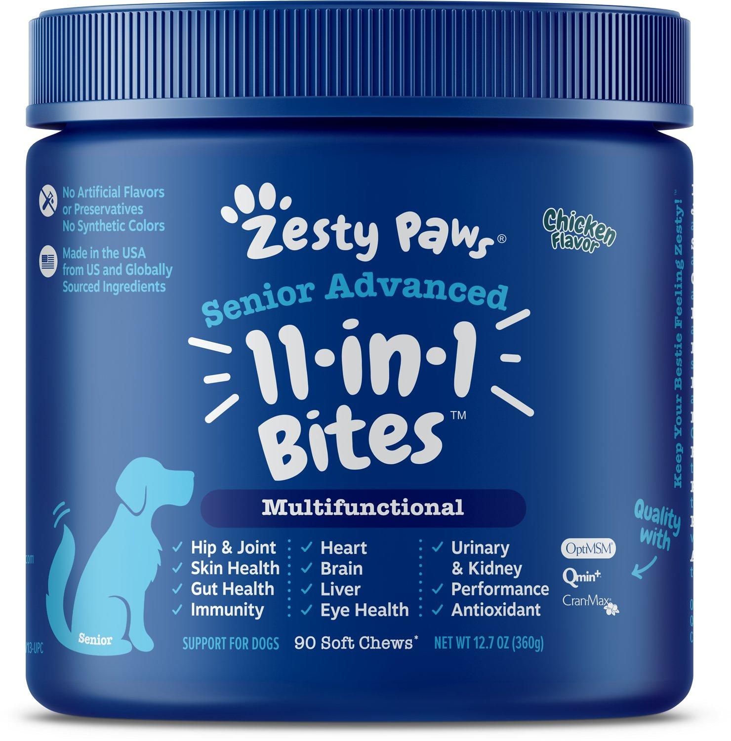 Zesty Paws Senior Advanced 11-in-1 Bites Multifunctional Chicken Flavored Soft Chews Dog Supplement, 90-count