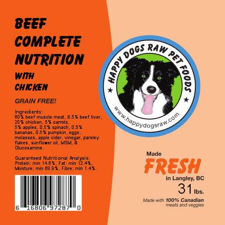 Happy Dogs Raw Pet Food Beef Complete Nutrition with Chicken Frozen Dog Food, 31-lb
