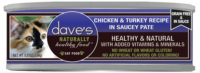 Dave's Pet Food Chicken & Turkey in Saucey Pate Wet Cat Food Can, 5.5-oz
