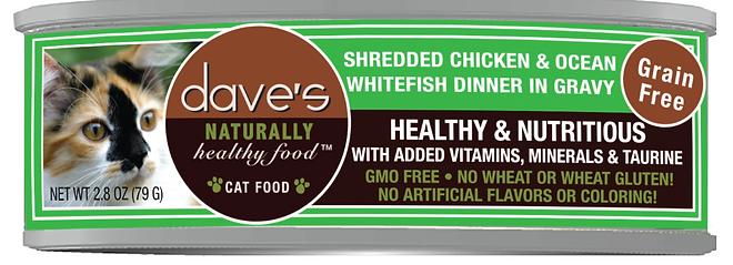 Dave's Pet Food Shredded Chicken & Ocean Whitefish Dinner in Gravy Wet Cat Food Can, 2.8-oz