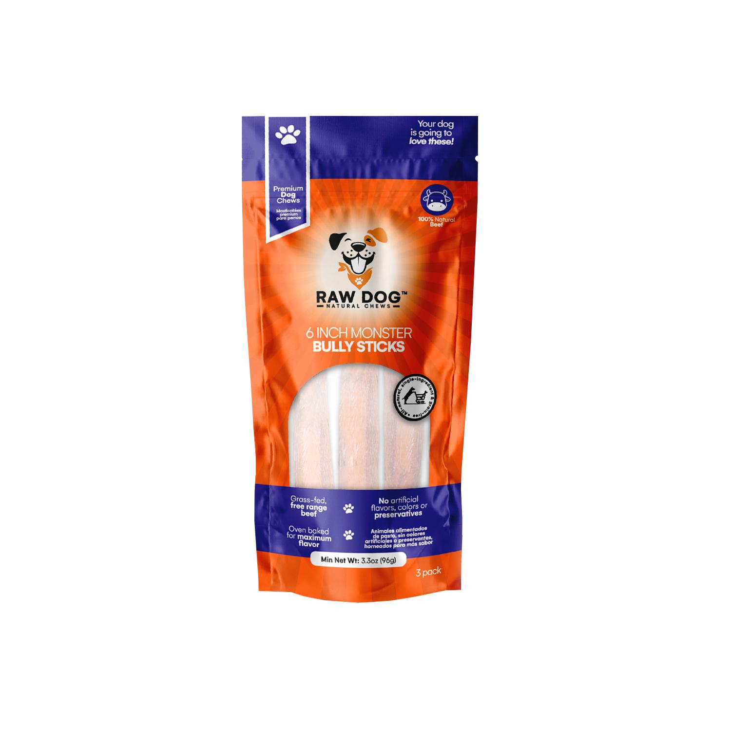 Raw Dog Natural Chews Monster Bully Stick Pack Dog Treats, 6-in, 3-pk