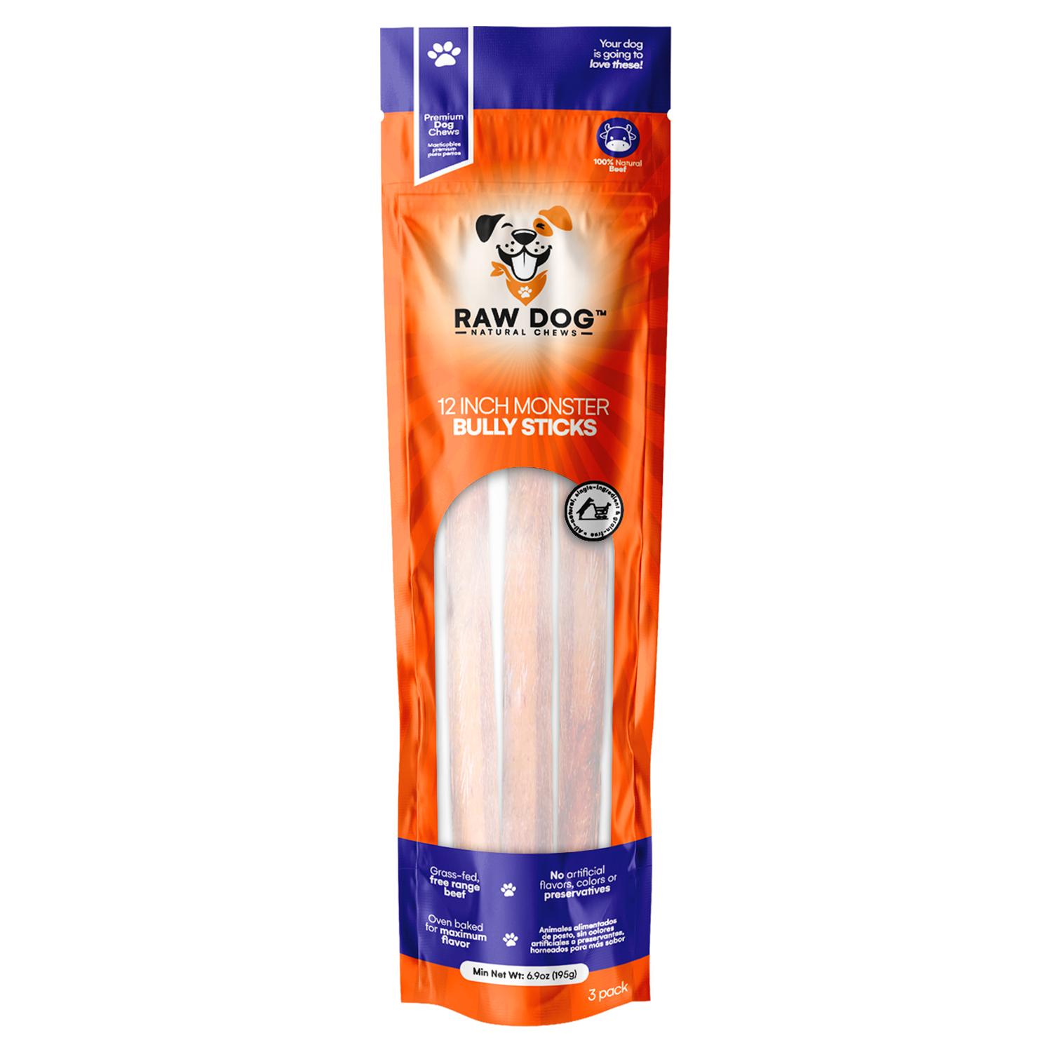Raw Dog Natural Chews Monster Bully Stick Pack Dog Treats, 12-in, 3-pk
