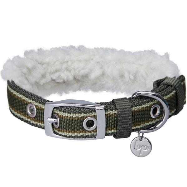 Blueberry Pet Fleece Stripe Dog Collar, Olive Green, Medium