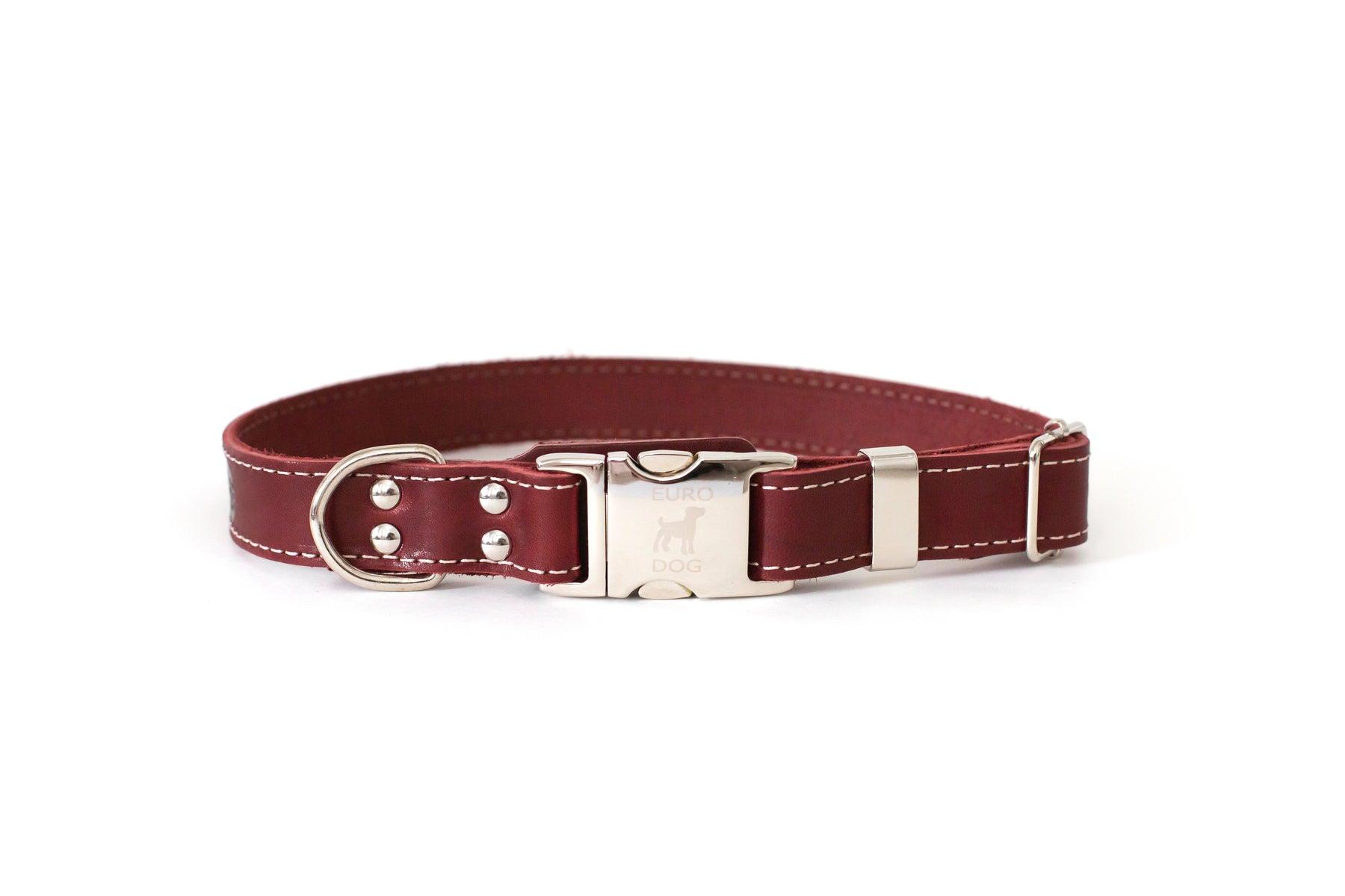 Euro-Dog Soft Leather Metal Quick-Release Buckle Dog Collar, Burgundy, Small