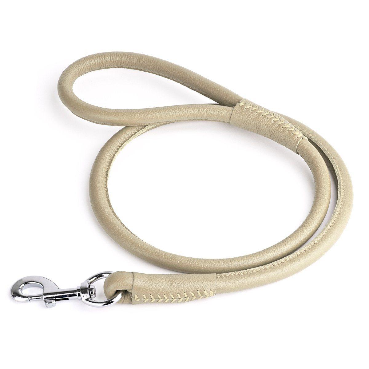 Dogline Laisse ronde souple en cuir pour chien, Beige, 3/8-po x 4-pi