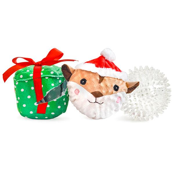 Patchwork Pet Holiday Squirrel in a Present Prickle Ball Dog Toy