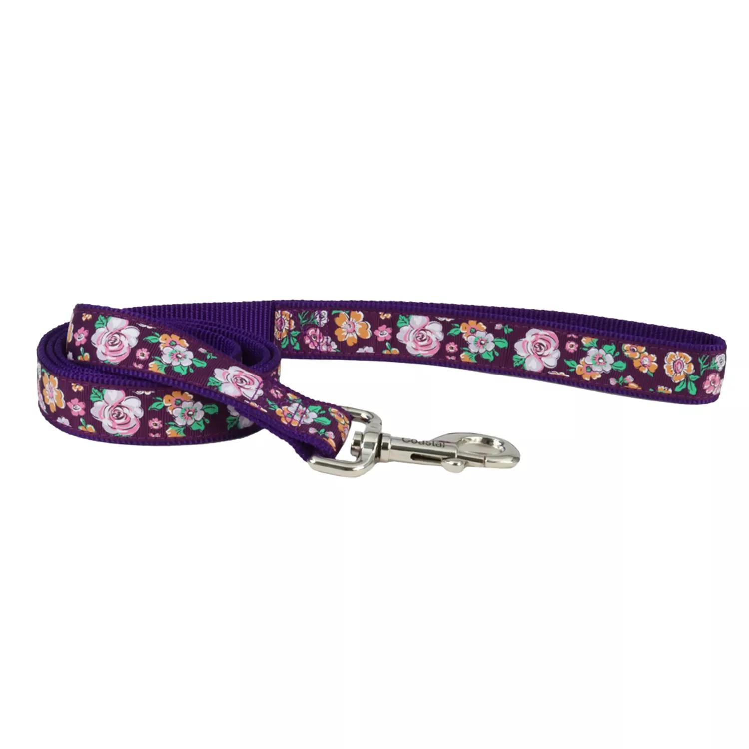 Ribbon Dog Leash, Purple Sketched Floral, 1-in x 6-ft