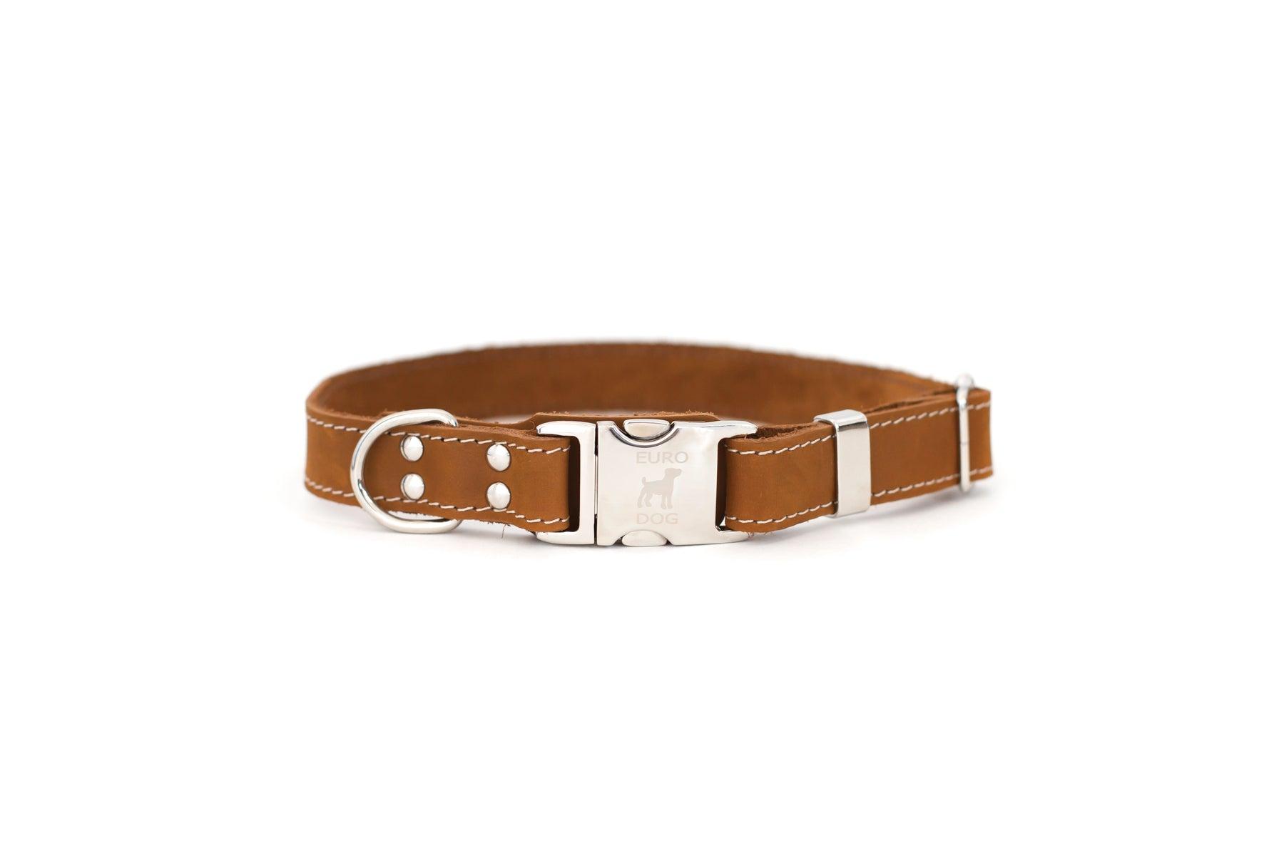 Euro-Dog Soft Leather Metal Quick-Release Buckle Dog Collar, Bark Brown, X-Large