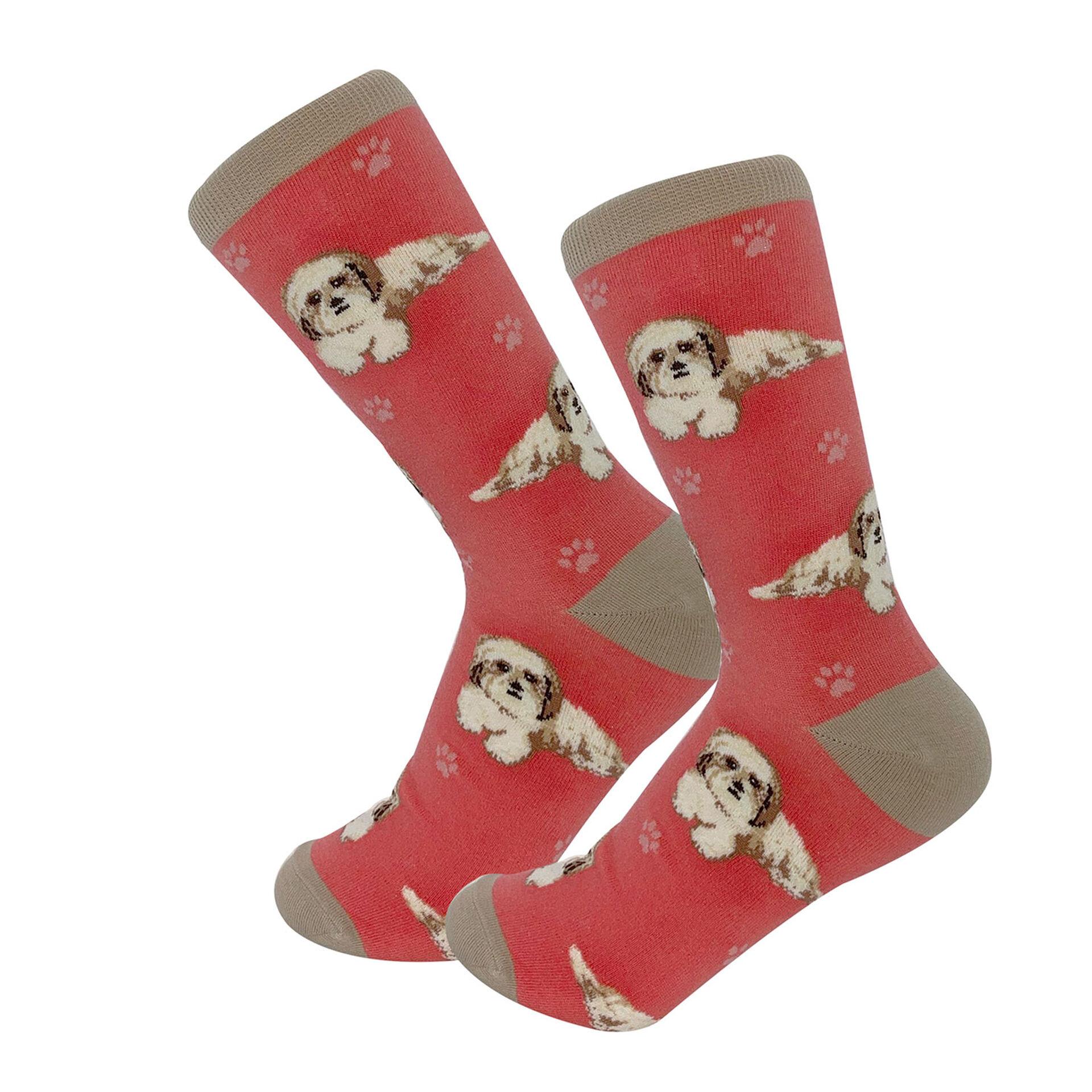 Happy Tails Socks by E&S Pets Unisex Novelty Crew Socks, Tan & White Shih Tzu, 14-in