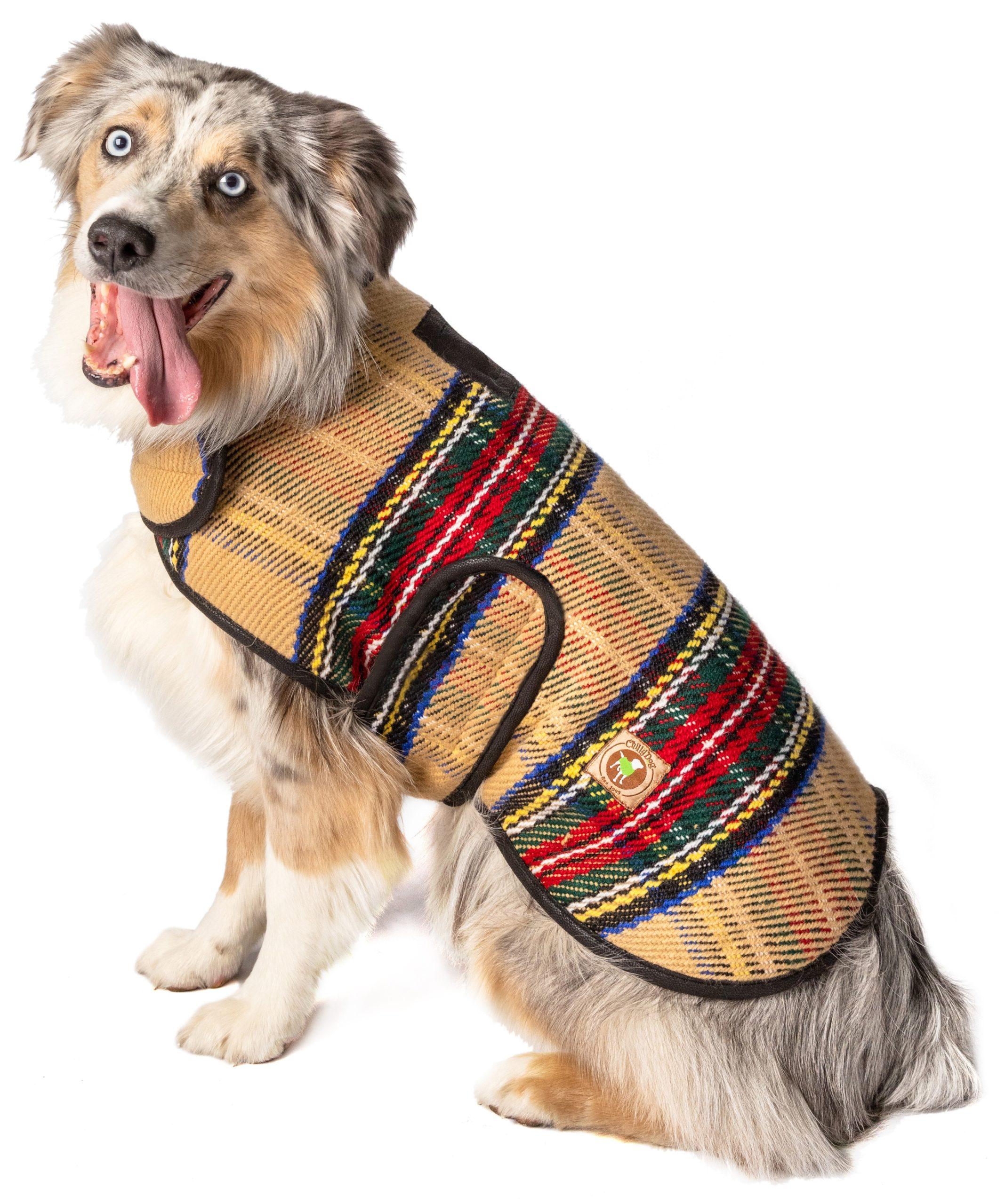 Chilly Dog Blanket Dog Coat, Tan Tartan Plaid, Medium