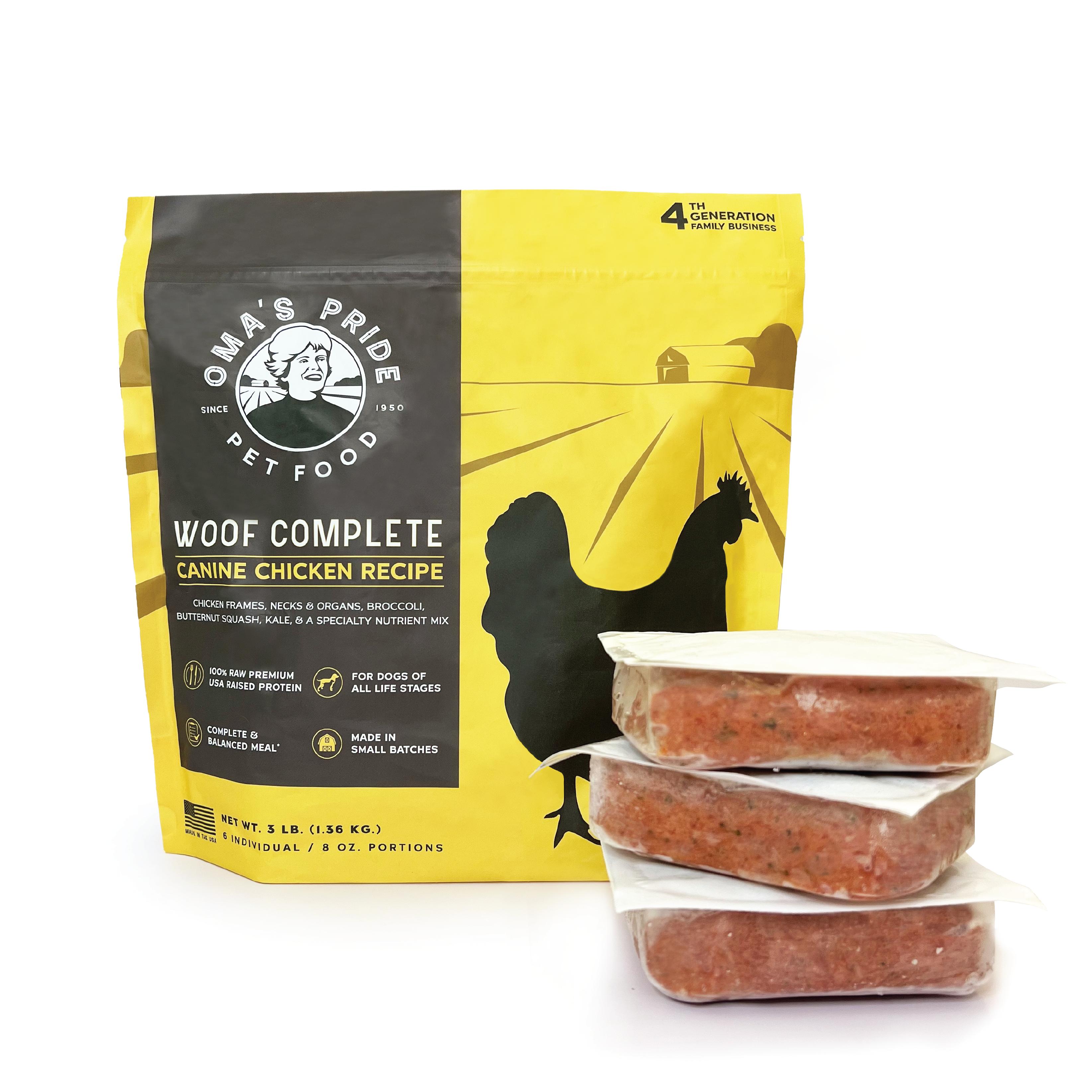 Oma's Pride Woof Complete Canine Chicken Recipe Individual Portions Frozen Dog Food, 3-lb